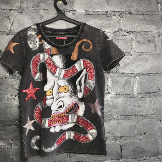 Women's Japanese demon Oni T-shirt with stars and a snake