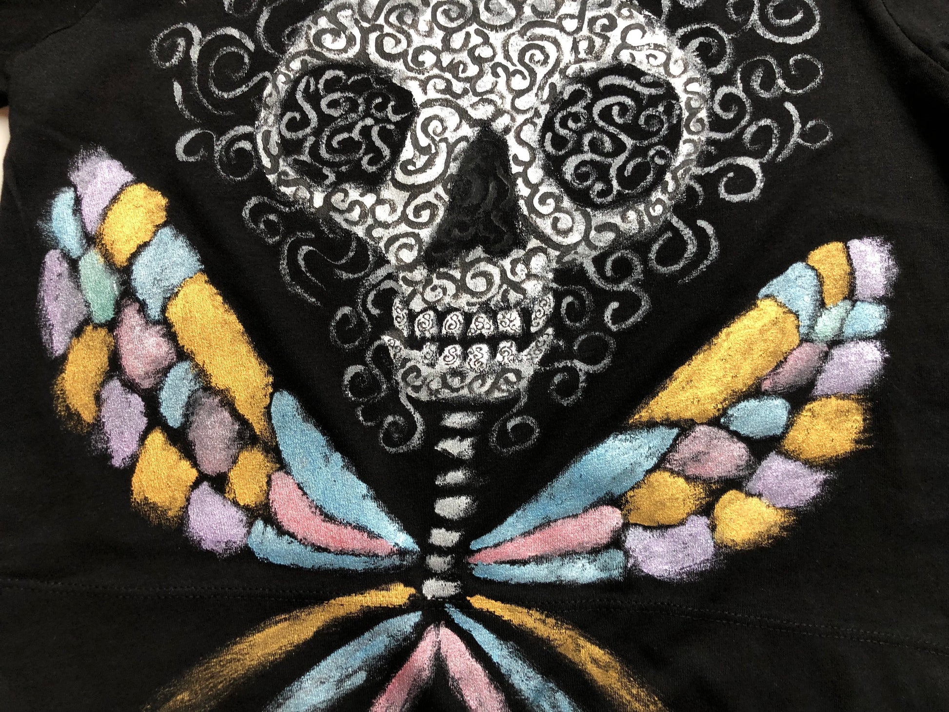 Drawing and skulls with teeth and patterns on a blouse