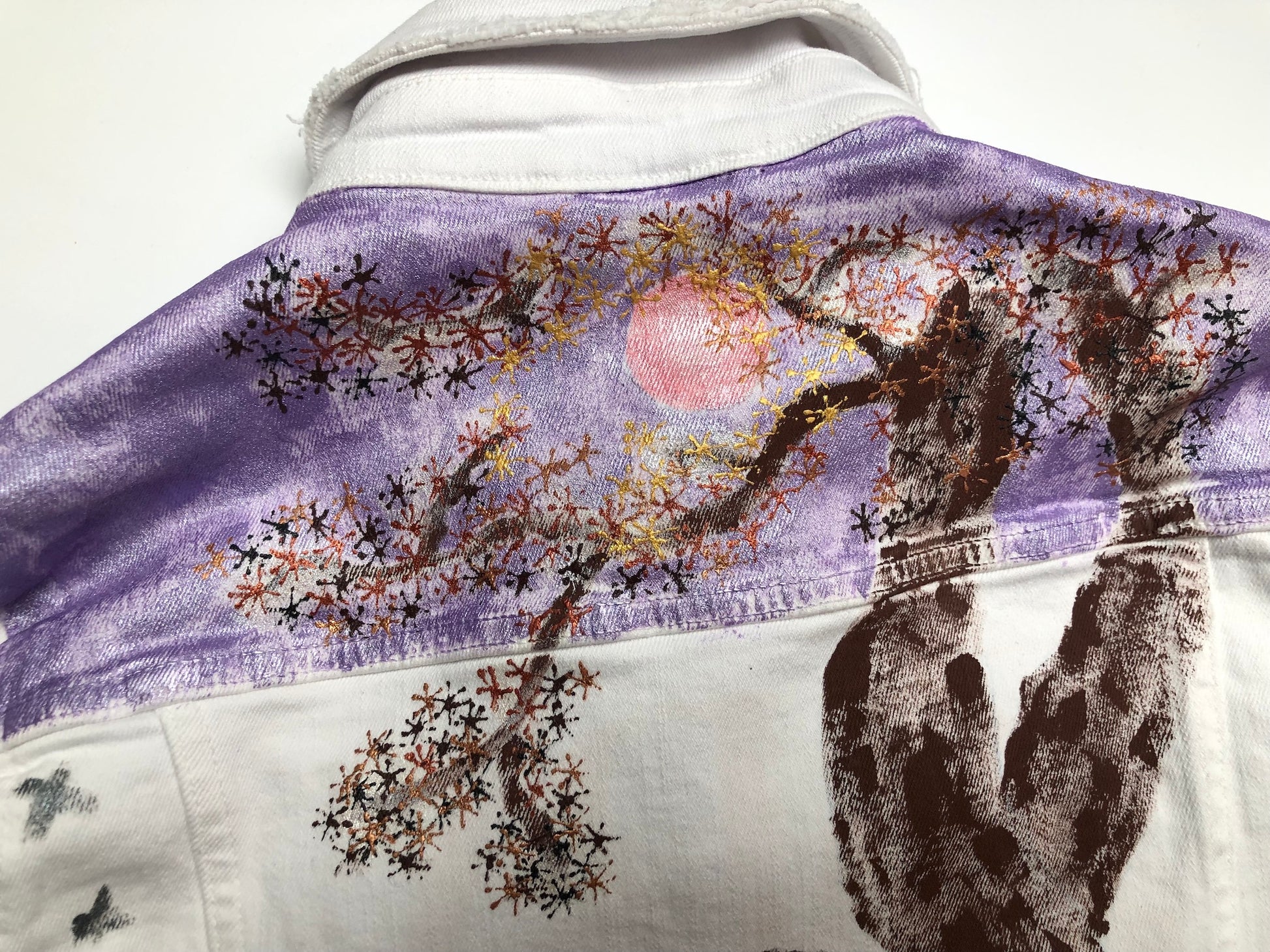 Women's denim jacket back Japanese tree and night sky with moon