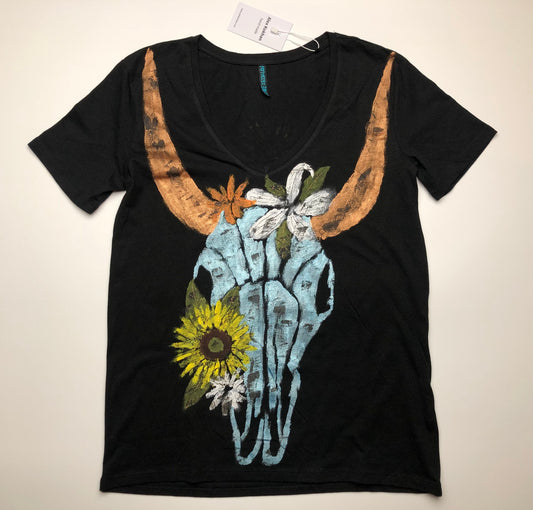 Women's short sleeve t-shirt cow skull with a sunflower