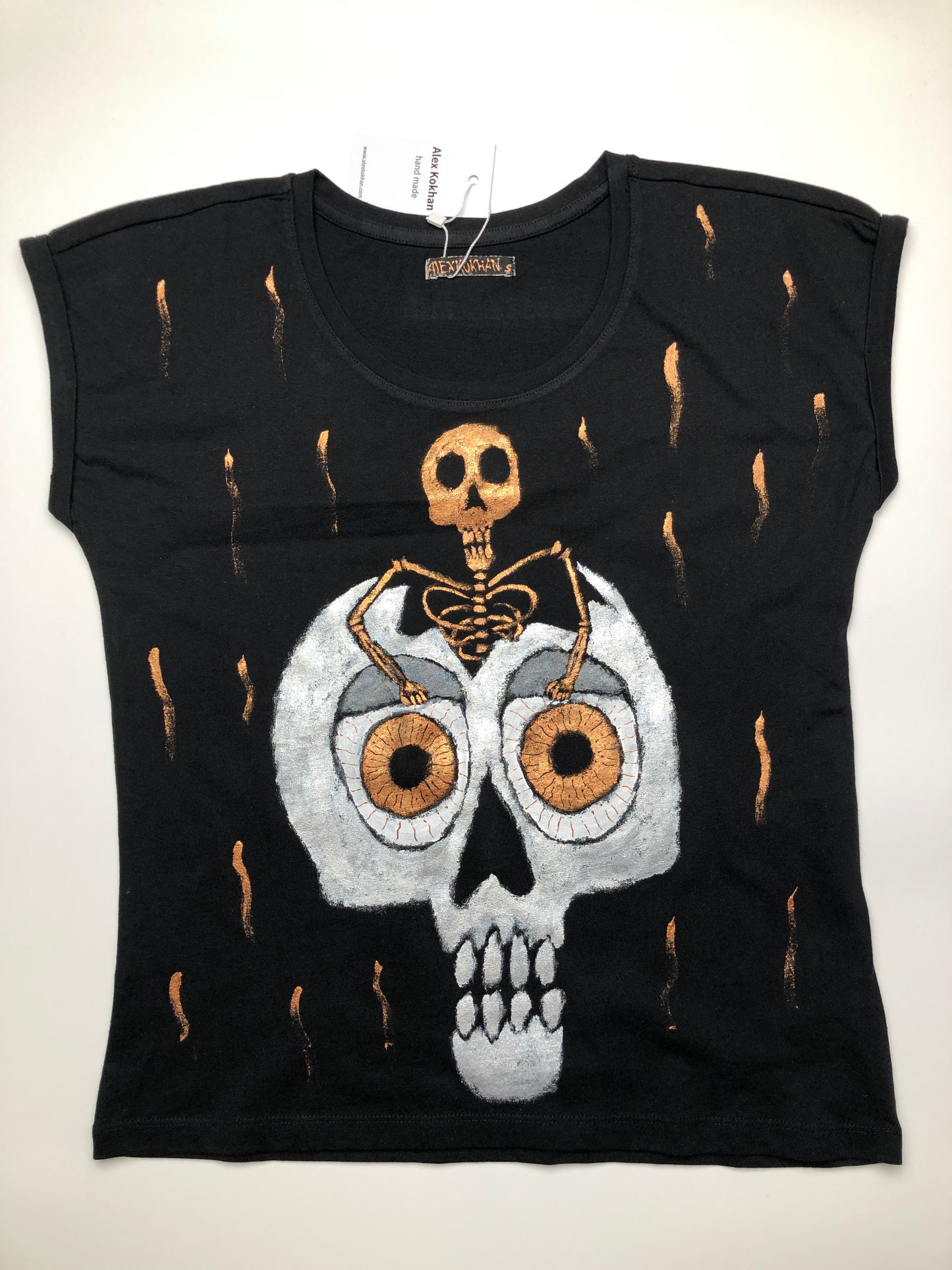 Women's short sleeve t-shirt lift my eyelids Skull and skeleton with bones.