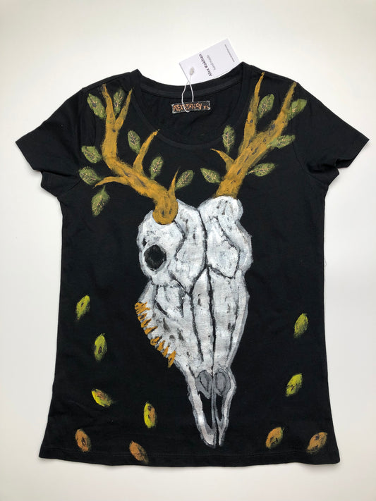 Women's short sleeve t-shirt moose skull with flowering horns