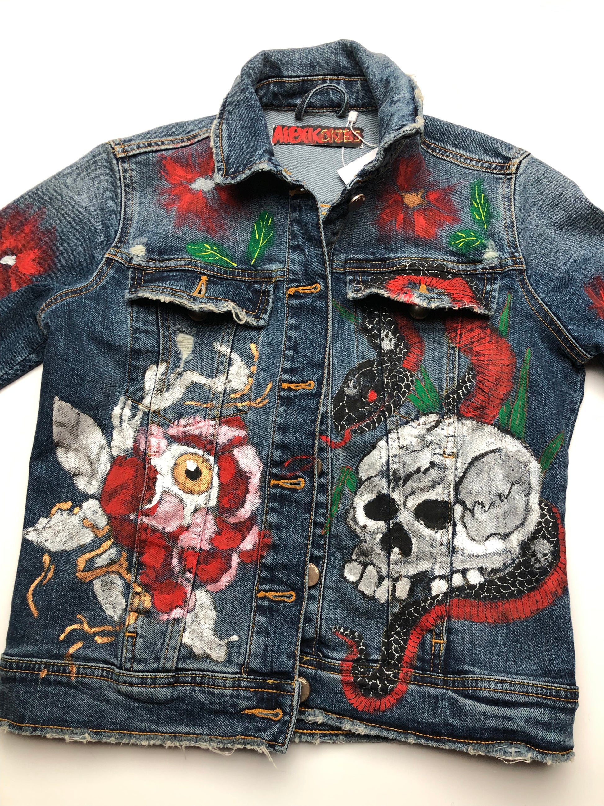Women's denim jacket shooter. For ladies, a fancy jacket hand-painted