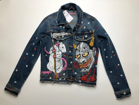 Japanese demon and mouse with a scythe on a handmade women's denim jacket