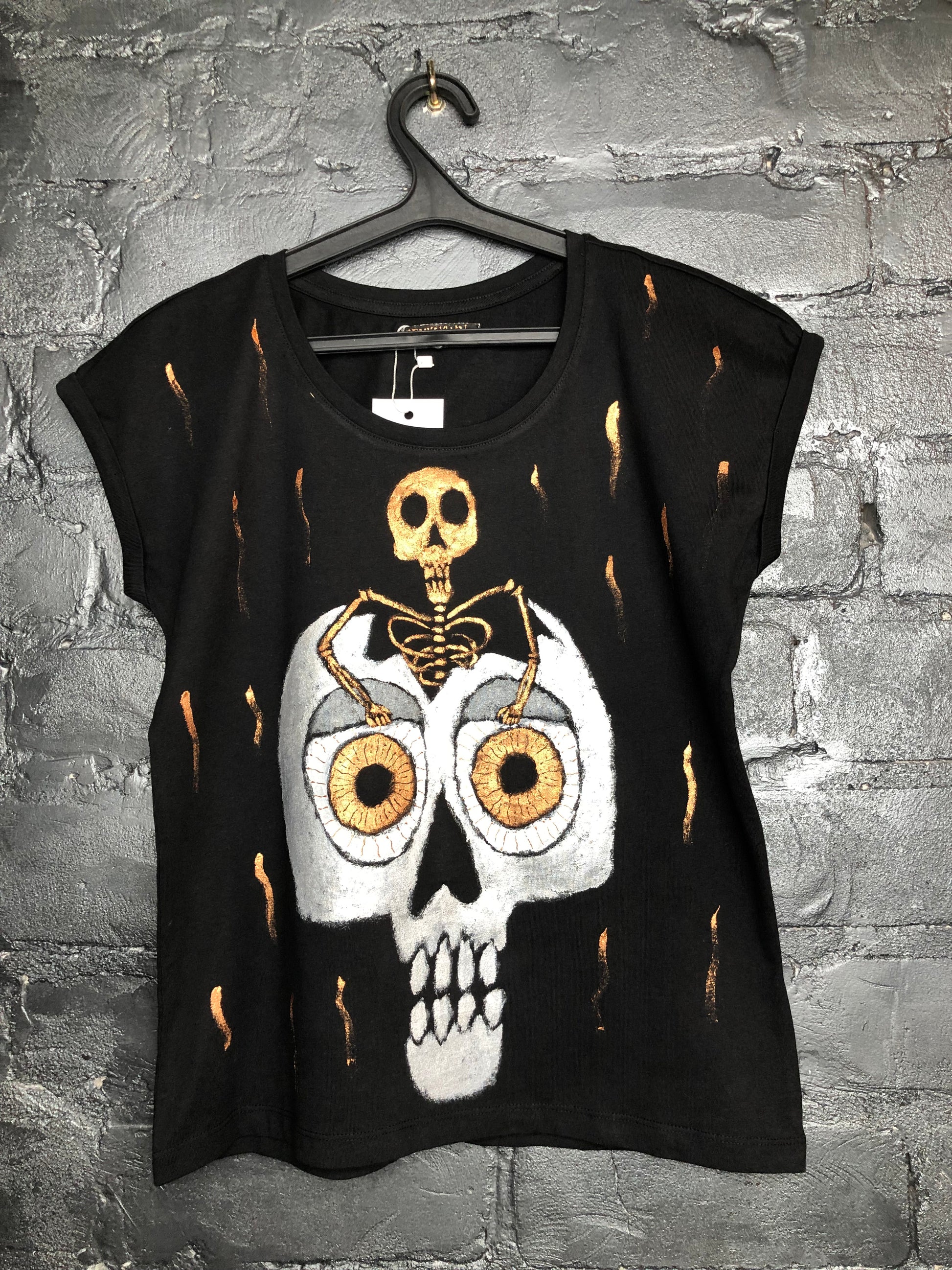 Women's Beautiful Black Short Sleeve T-shirt Raise My Eyelids Skull and skeleton with bones.