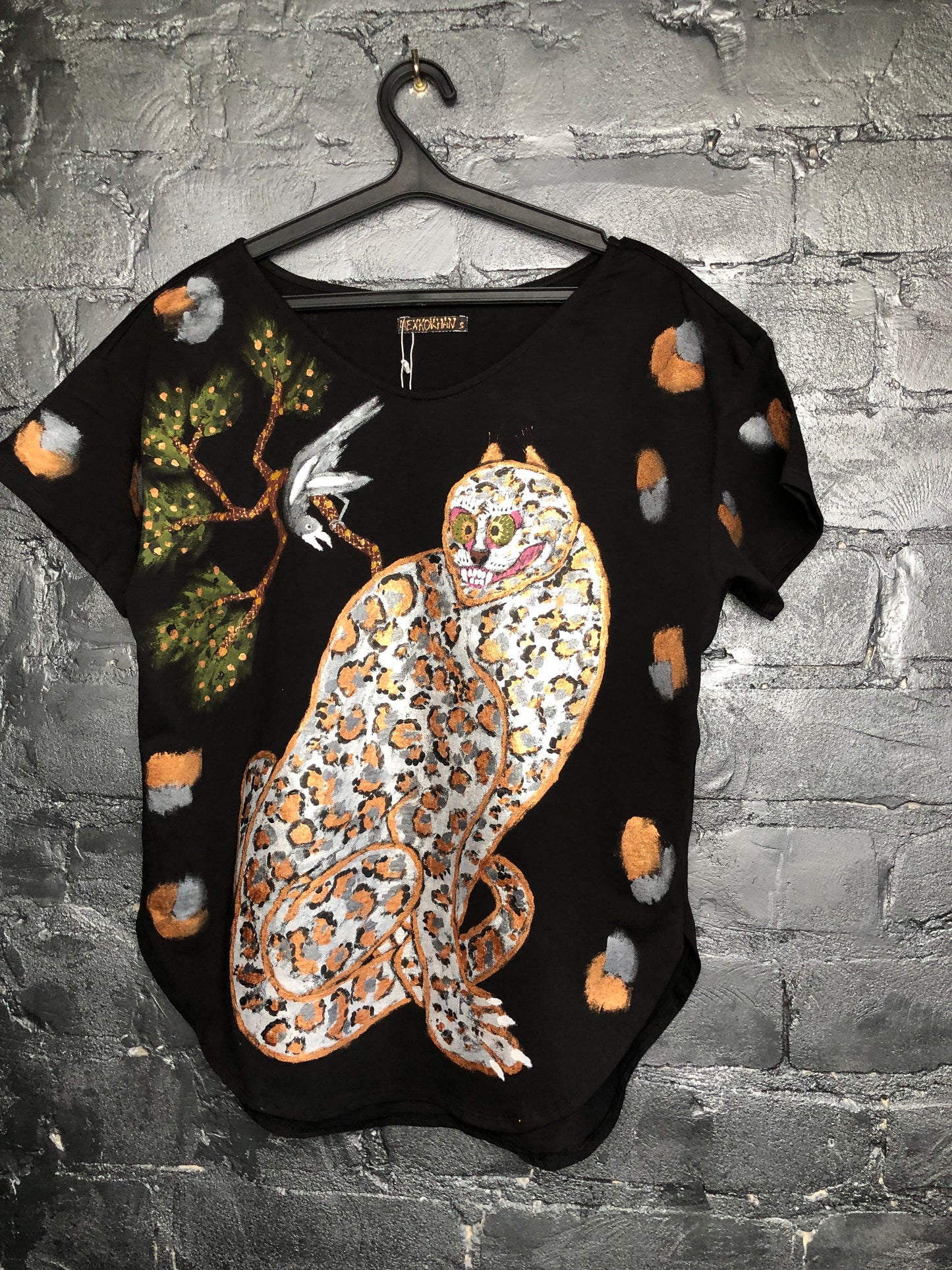 Women's premium best T-shirt with hand-painted leopard and bird on a branch