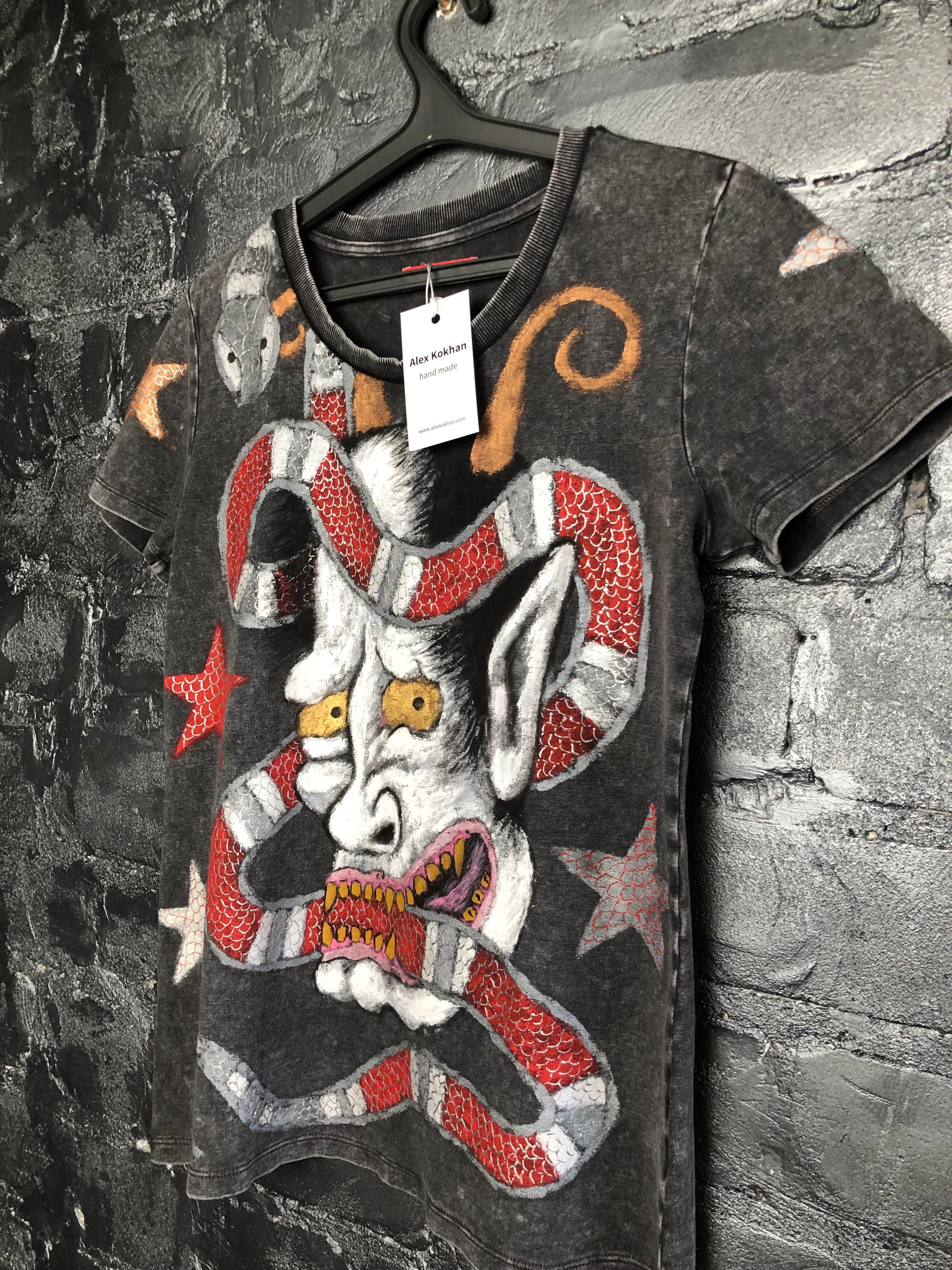 Best stylish fantasy Women's T-shirt Japanese demon Oni with stars and a snake side view