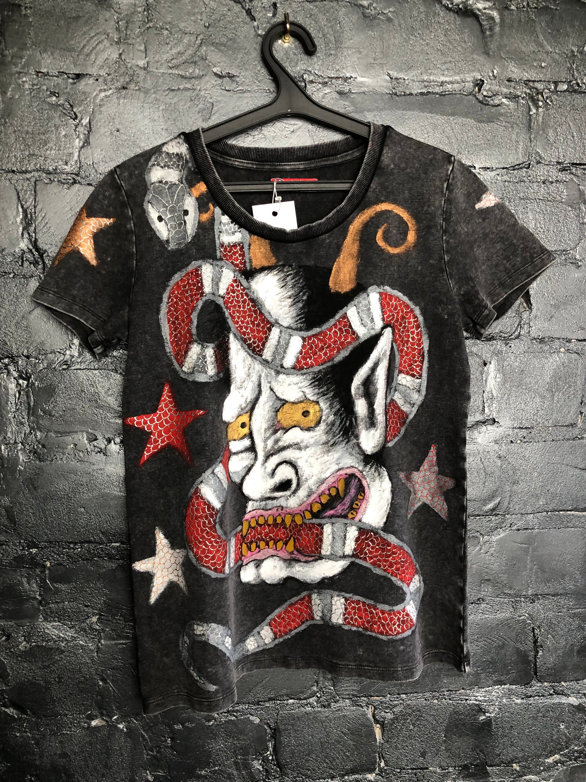 Еxpensive Women's T-shirt Japanese demon Oni with stars and a snake