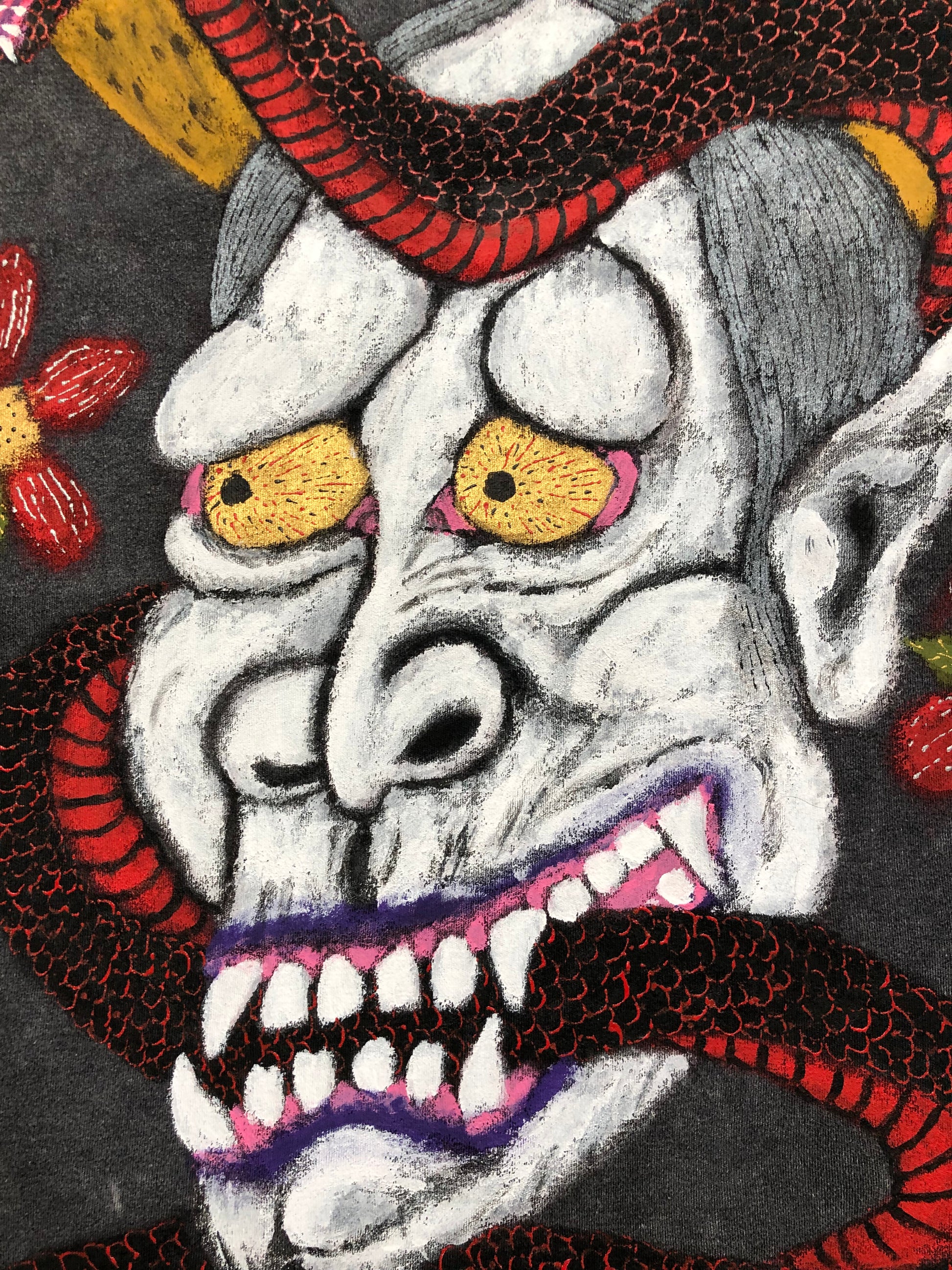 Mask of a Japanese demon on women's clothing in detail