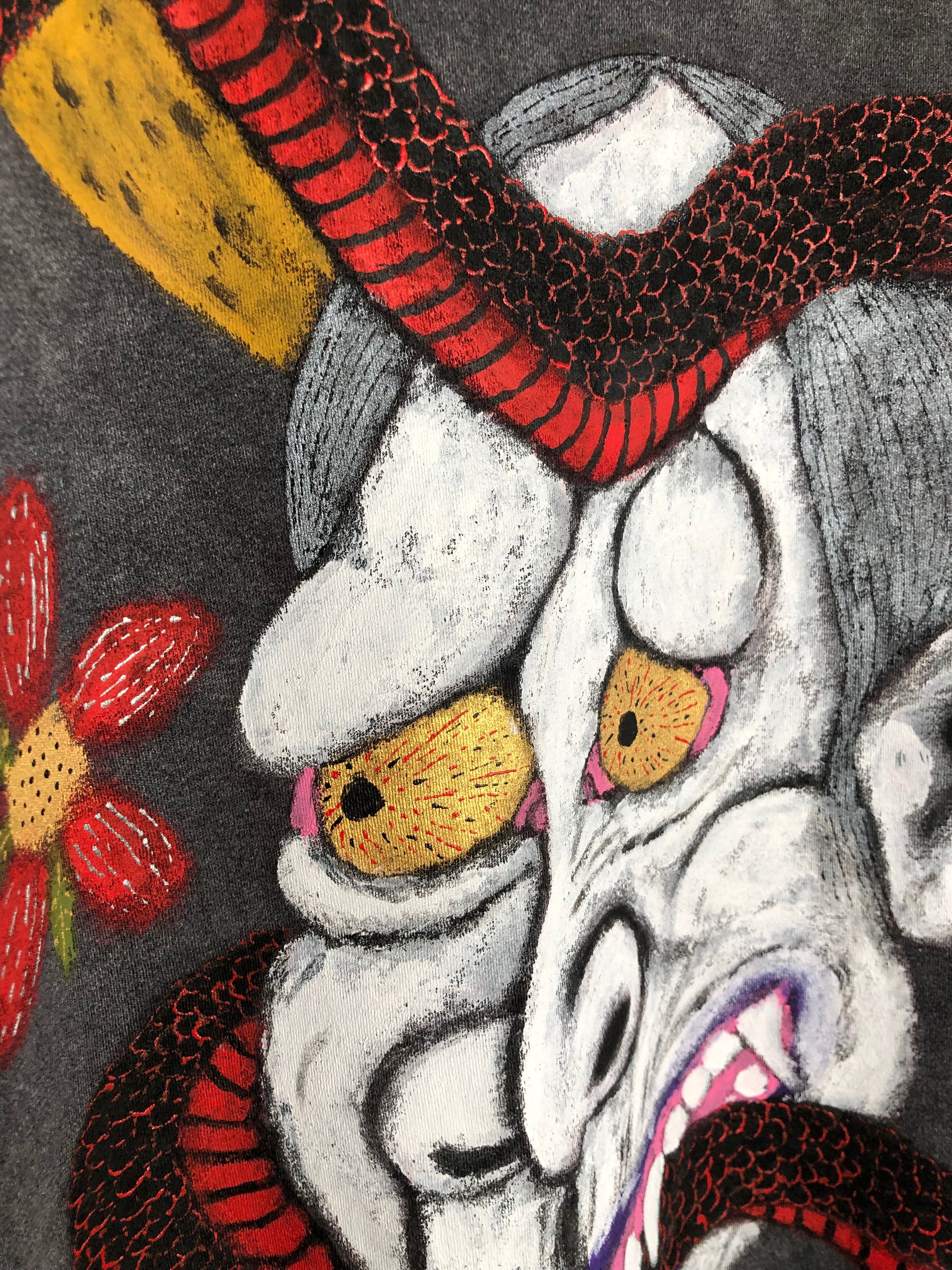 Folds in detail on Women's Hannya Demon T -shirt with A Snake and A Floral Pattern